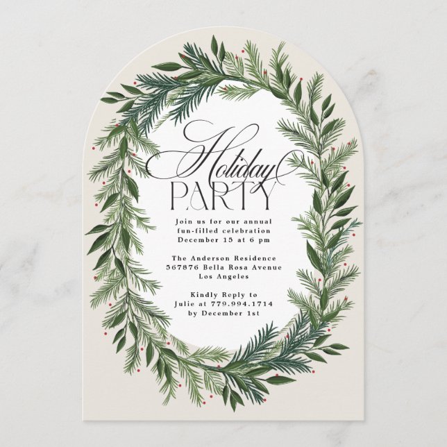 Elegant Classic Pine Wreath Christmas Party Arch Invitation (Front)