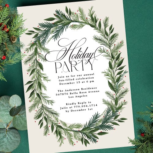 Elegant Classic Pine Wreath Christmas Party Invitation