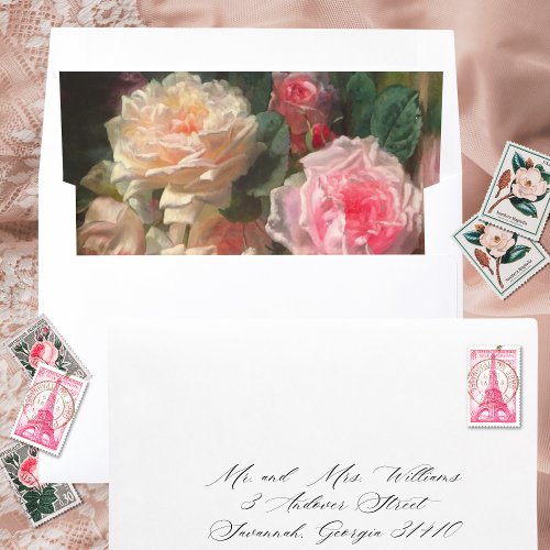 Elegant Classic Pink Floral Fine Art Wedding Envelope Liner
