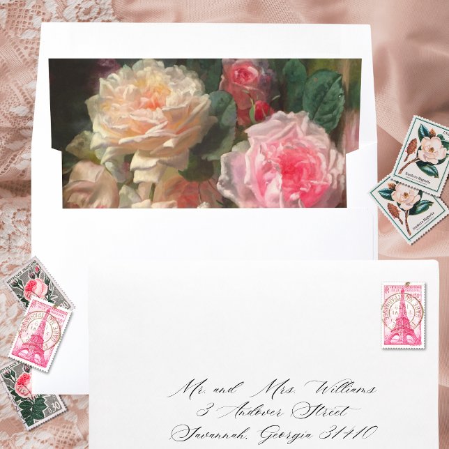 Elegant Classic Pink Floral Fine Art Wedding Envelope Liner (These fine art wedding envelope liners will add an elegant touch to your wedding invites.)