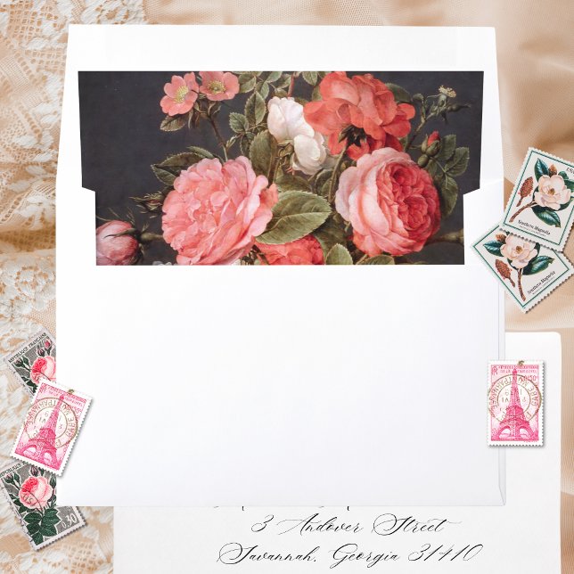 Elegant Classic Pink Floral Fine Art Wedding Envelope Liner (These fine art wedding envelopes will add a touch of elegance to your wedding invites.)