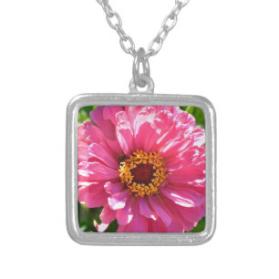 Elegant classic pink floral flower mum daisy silver plated necklace