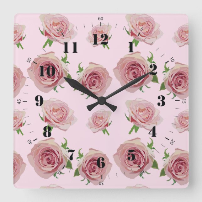 Elegant classic pink roses flower pattern square wall clock (Front)