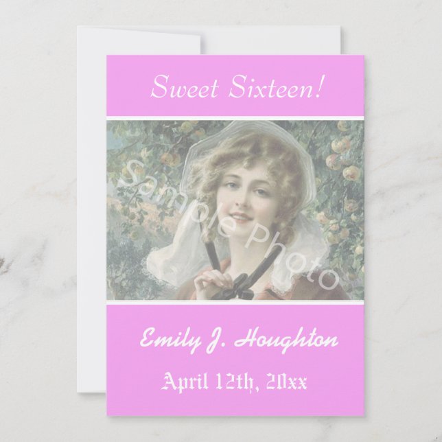 Elegant, classic pink sweet 16 party photo invitation (Front)