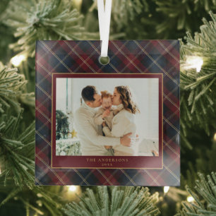 Elegant Classic Plaid Family Photo Christmas Glass Ornament