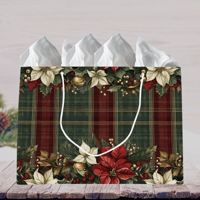 Elegant Classic Plaid Red Poinsettias Holly & Gold Large Gift Bag (Creator Uploaded)