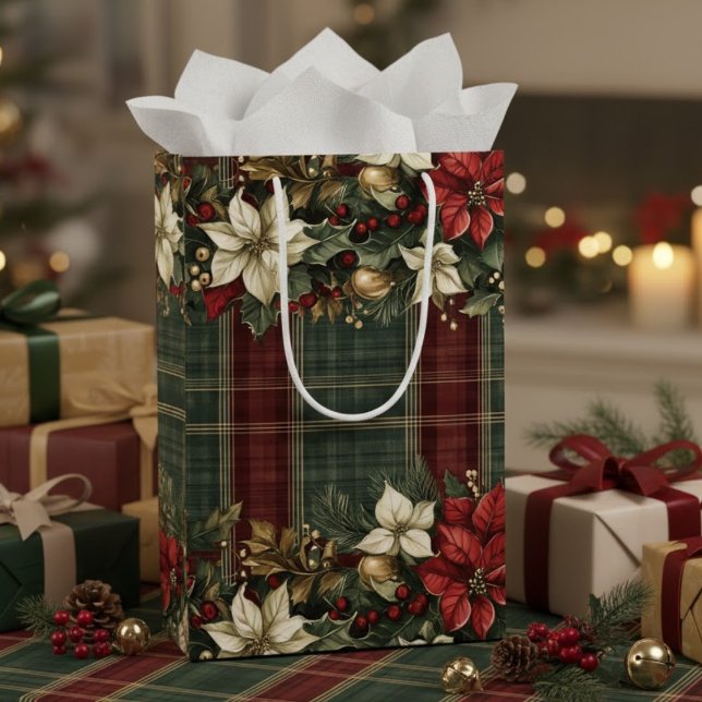 Elegant Classic Plaid Red Poinsettias Holly & Gold Medium Gift Bag (Creator Uploaded)