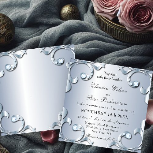 Elegant Classic Platinum with Gemstones Wedding Invitation