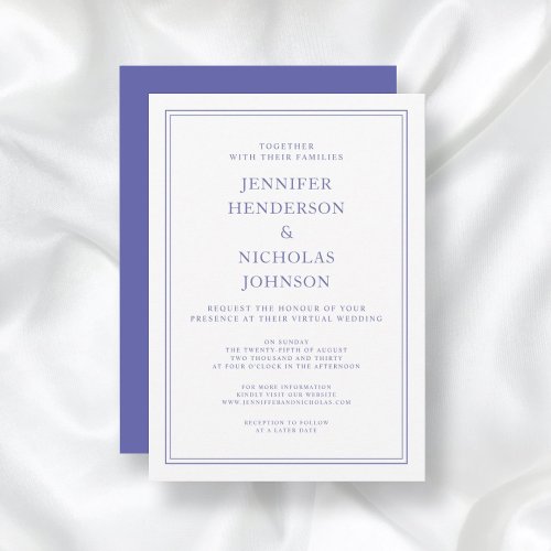 Elegant Classic Purple  White Virtual Wedding Inv Invitation