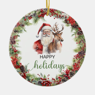 Elegant classic red and green Santa reindeer Ceramic Ornament