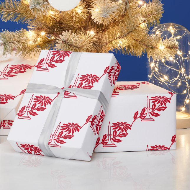 Elegant Classic Red Candle Poinsettia on White Wrapping Paper (Holidays)