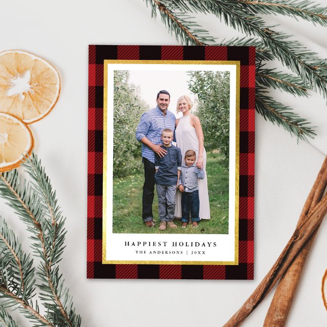 Elegant Classic Red Plaid Gold Frame Photo Holiday Card (Creator Uploaded)