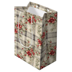 Elegant Classic Red Poinsettia Tartan Christmas  Medium Gift Bag