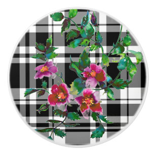 Elegant classic red watercolor floral black white ceramic knob