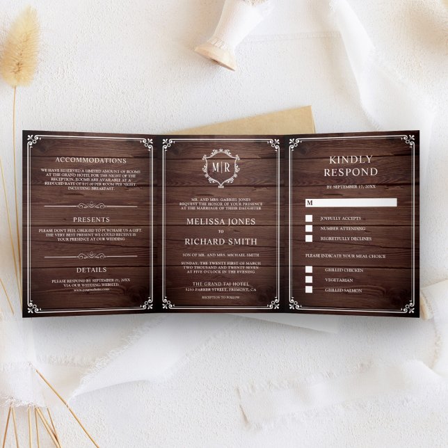 Elegant Classic Rustic Barn Wood Monogram Wedding Tri-Fold Invitation (Creator Uploaded)