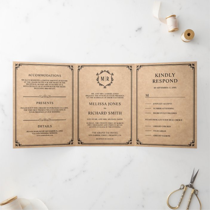 Elegant Classic Rustic Kraft Monogram Wedding Tri Fold Invitation
