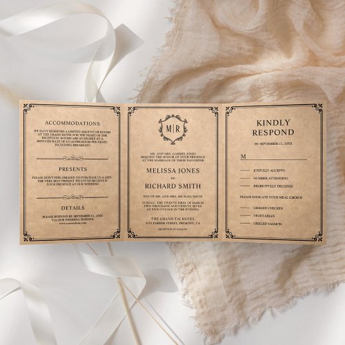 Elegant Classic Rustic Kraft Monogram Wedding Tri_Fold Invitation