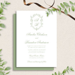 Elegant Classic Sage Green Monogram Crest Wedding Invitation