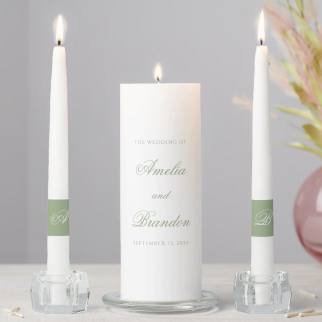 Elegant Classic Sage Green Monogram Script Wedding Unity Candle Set (In Situ)