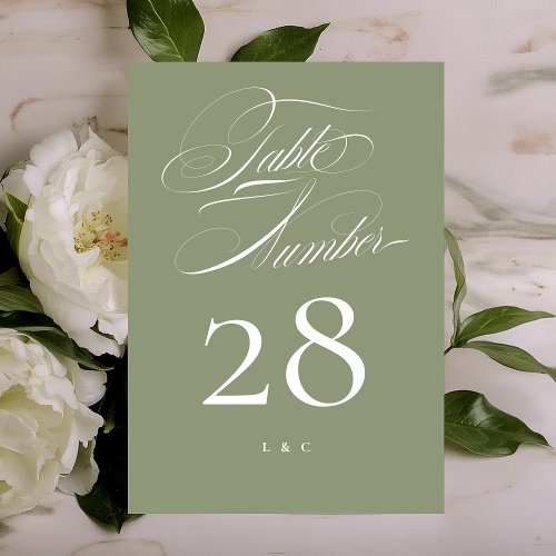 Elegant Classic Sage on White Calligraphy Wedding Table Number