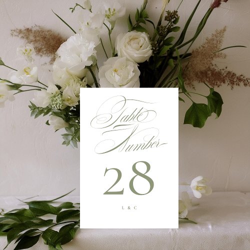 Elegant Classic Sage on White Calligraphy Wedding Table Number