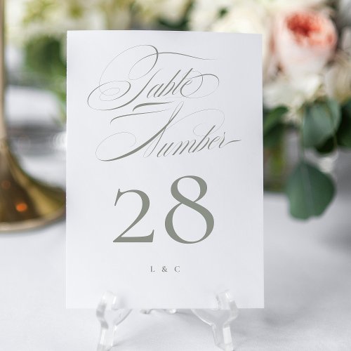 Elegant Classic Sage on White Calligraphy Wedding Table Number