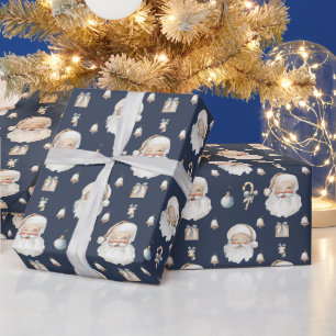 Elegant Classic Santa Christmas Navy Blue Wrapping Paper