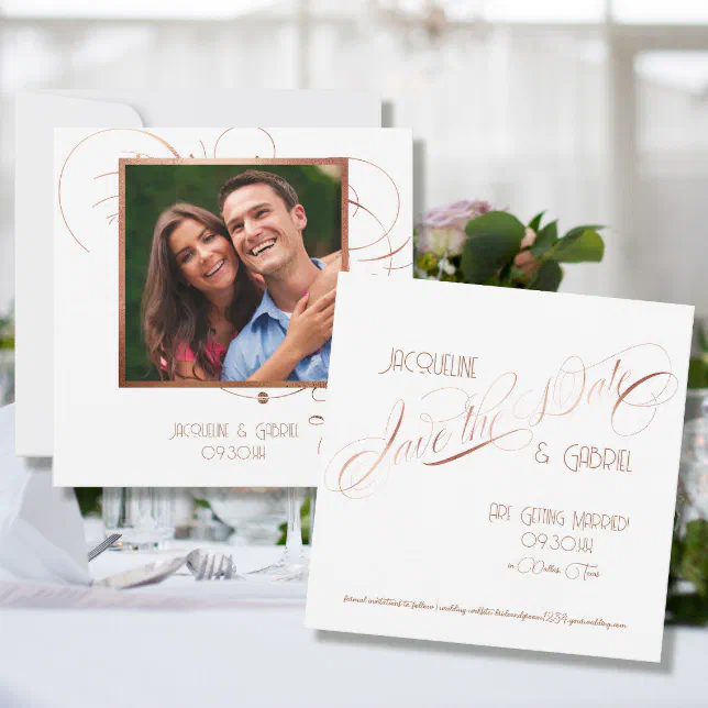 Elegant Classic Script Calligraphy Rose Gold Photo Invitation | Zazzle