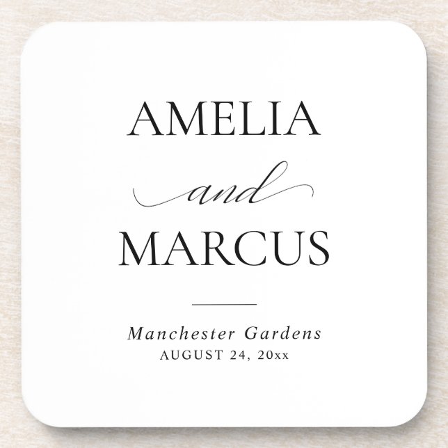 Elegant Classic Script Calligraphy Wedding Beverage Coaster (Front)