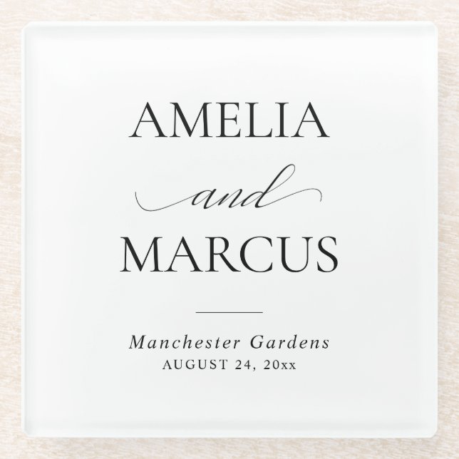 Elegant Classic Script Calligraphy Wedding Glass Coaster (Front)