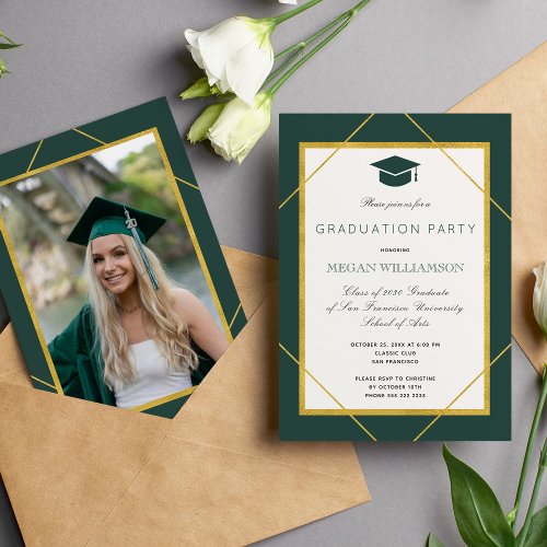 Elegant classic script gold green graduation party invitation