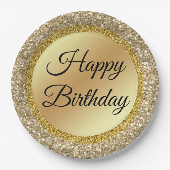 elegant classic script happy birthday,gold glitter paper plates (Front)