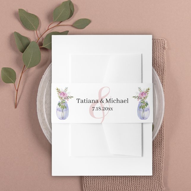 elegant classic script minimal pink floral wedding invitation belly band (Creator Uploaded)