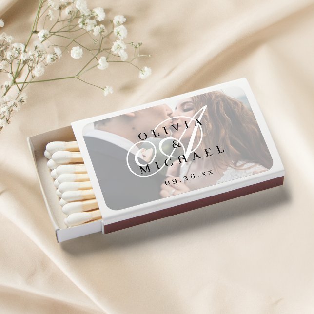 Elegant classic script monogram photo wedding matchboxes (Elegant classic script monogram photo wedding matchboxes)