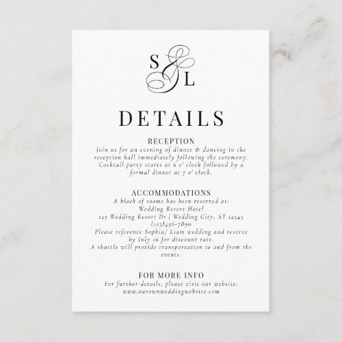 Elegant Classic Script Monogram Wedding Details Enclosure Card