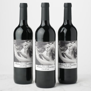 elegant classic script wedding black&white photo wine label