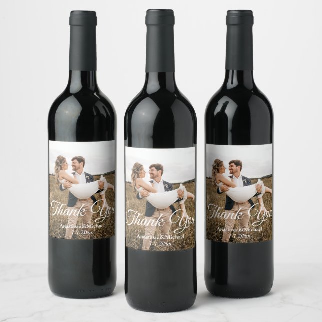 elegant classic script wedding photo thank you wine label (Bottles)