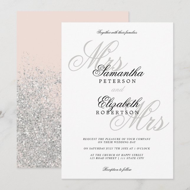 Elegant classic silver glitter lesbian wedding invitation (Front/Back)