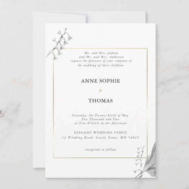 Elegant Classic Spring Lily of Valley Gold Wedding Invitation (Front)