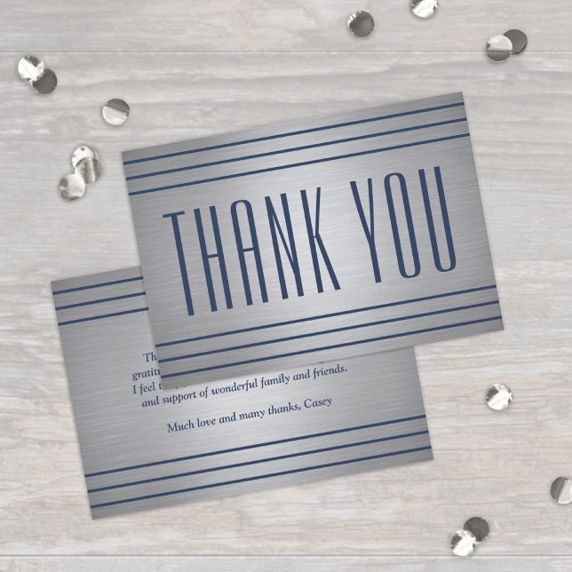 Elegant Classic Stripes Brushed Gray and Navy Blue Thank You Card (Creator Uploaded)