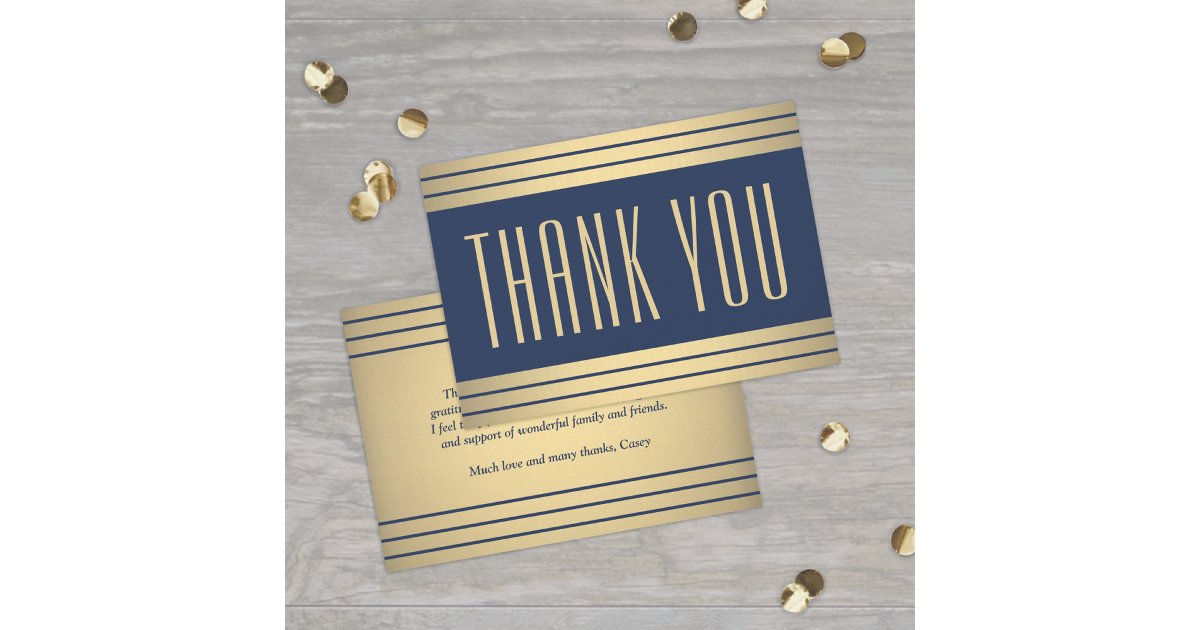 Elegant Classic Stripes Chic Navy Blue and Gold Thank You Card | Zazzle