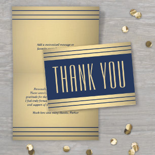 Elegant Classic Stripes Navy Blue and Gold Folded Letterpress Thank You Card