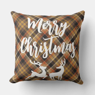 Elegant classic tartan plaid Merry christmas deer Throw Pillow