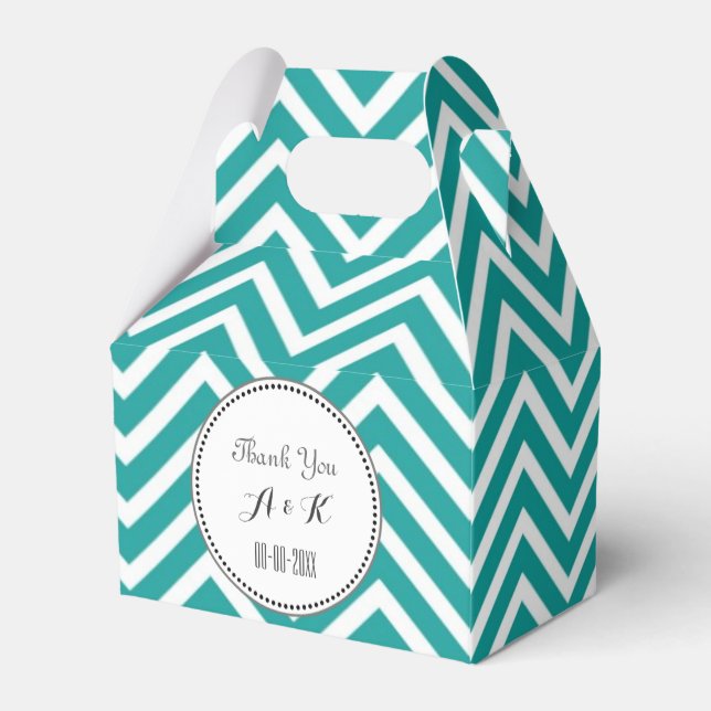 Elegant, classic, trendy teal monogram chevron favor boxes (Back Side)