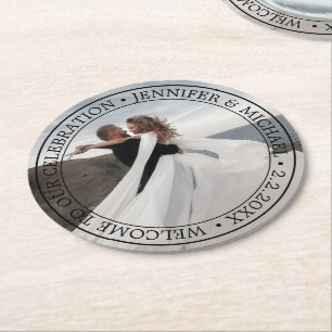 elegant classic typography wedding photo  round paper coaster