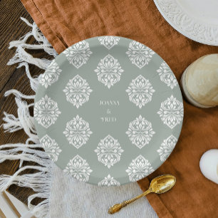 Elegant Classic Vintage Damask Pale Sage Wedding Paper Plates