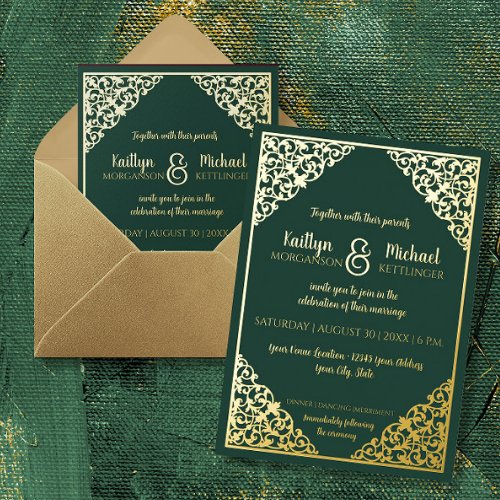Elegant Classic Vintage Green n Gold Foil Wedding Foil Invitation
