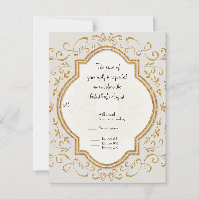 Elegant Classic Vintage Script Swirl Gold RSVP Card (Front)