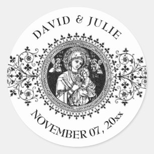 Elegant Classic Virgin Mary Jesus Black White Classic Round Sticker