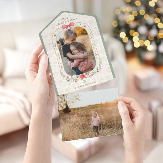 Elegant Classic Watercolor Floral Christmas Photo All In One Invitation